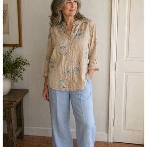 Shanghai Red Light Tan Embroidered 100% Linen Button Tunic Shirt sz 2X Relaxed